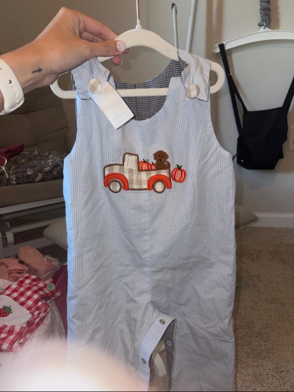 Reversible Gingham Kids Romper Halloween Appliqué